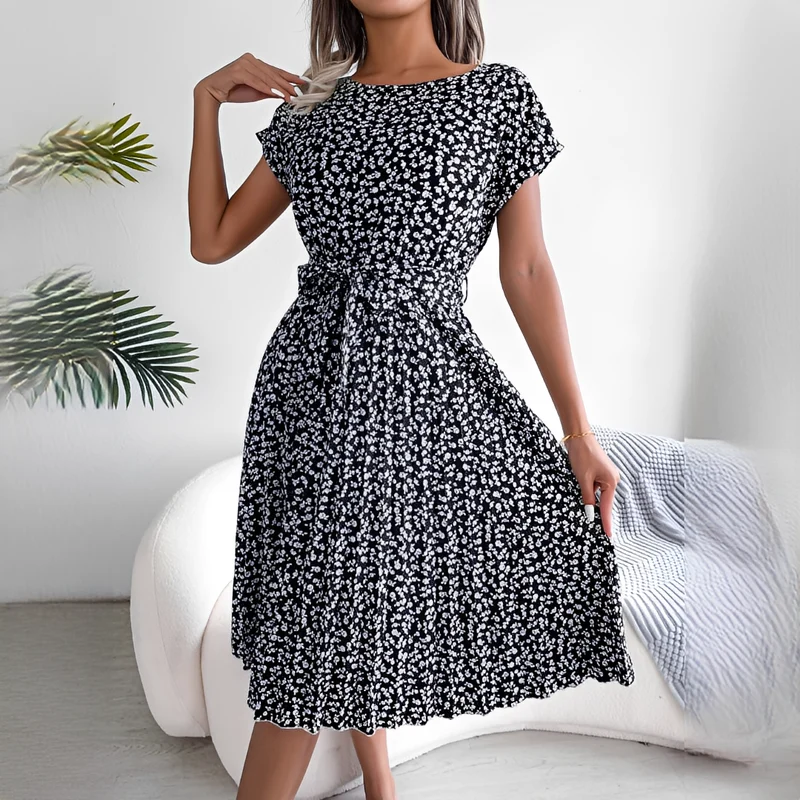 Sommerkleid Damen | Plissiertes Midi mit Bindegürtel & Blumenmuster