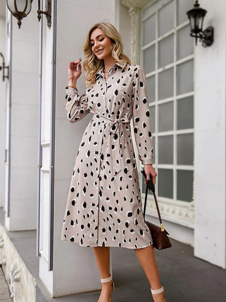 Kleid mit Leopardenmuster Damen | Elegantes Hemdblusenkleid & Taillengürtel