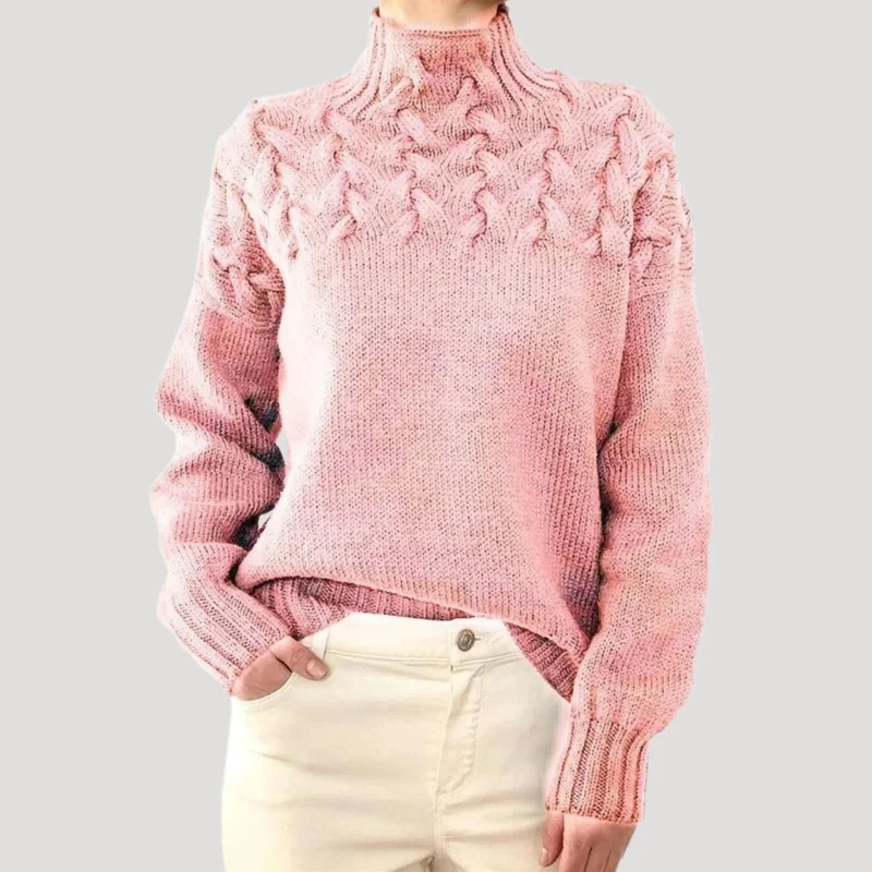 Nicole | Damen Frühlings Strickpullover mit Zopfmuster und hohem Kragen