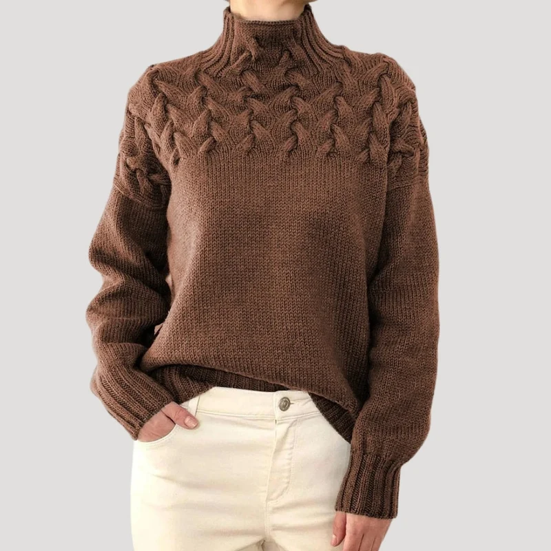 Nicole | Damen Frühlings Strickpullover mit Zopfmuster und hohem Kragen