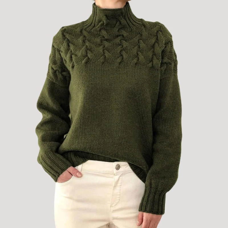 Nicole | Damen Frühlings Strickpullover mit Zopfmuster und hohem Kragen