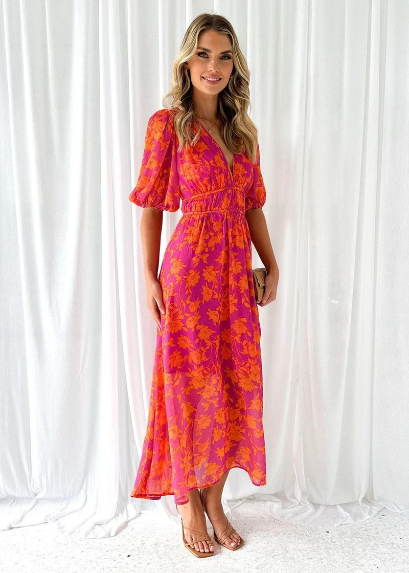 Midikleid Damen | Blumenprint & Puffärmel