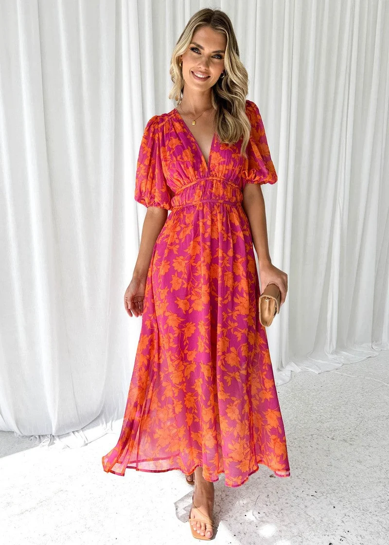 Midikleid Damen | Blumenprint & Puffärmel
