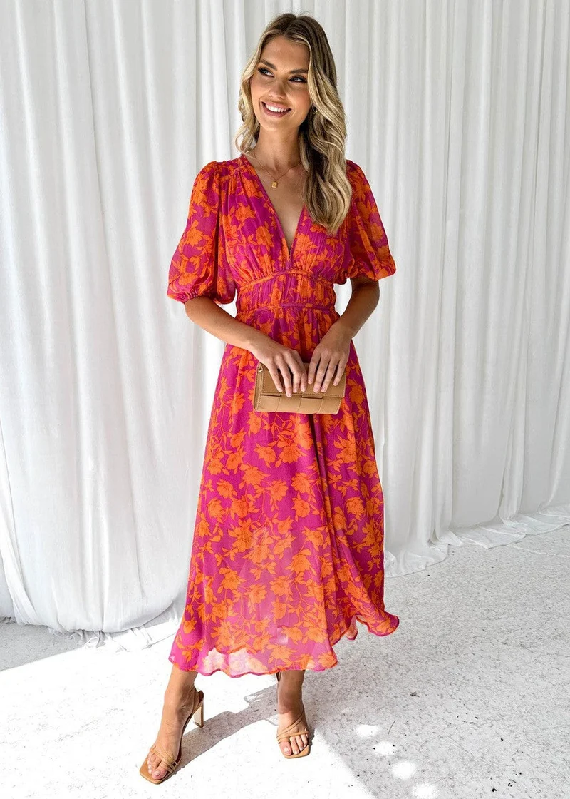 Midikleid Damen | Blumenprint & Puffärmel