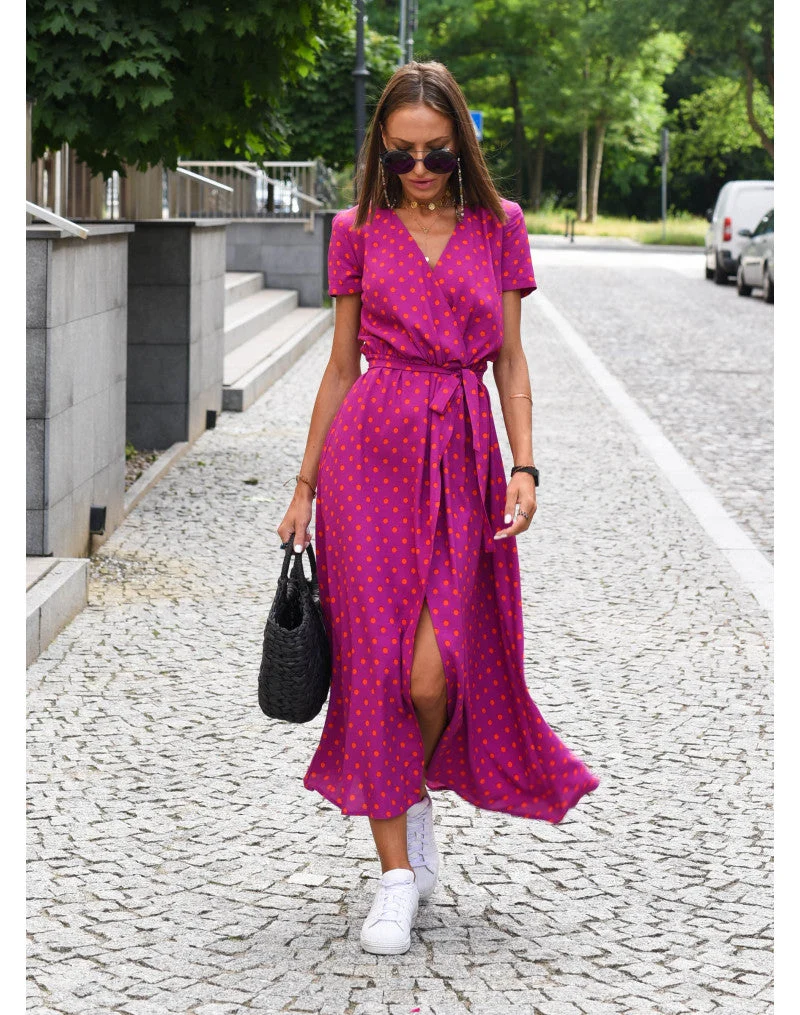 Maxikleid Damen | Blumendruck & Wickeloptik mit Bindegürtel