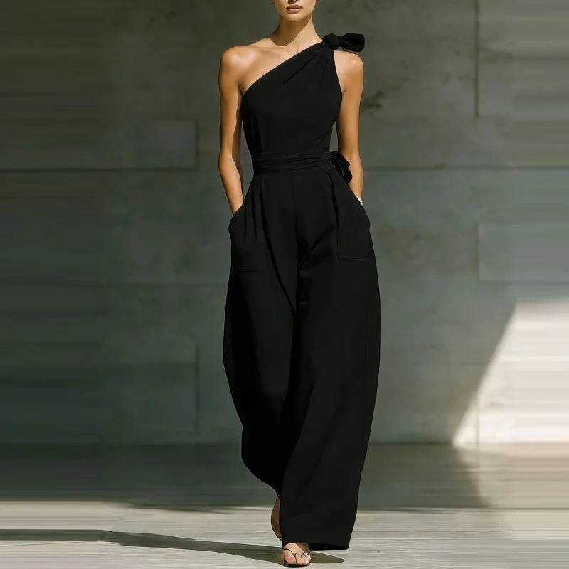 Jumpsuit Damen | Festlich One-Shoulder mit Schleife & Weitem Bein