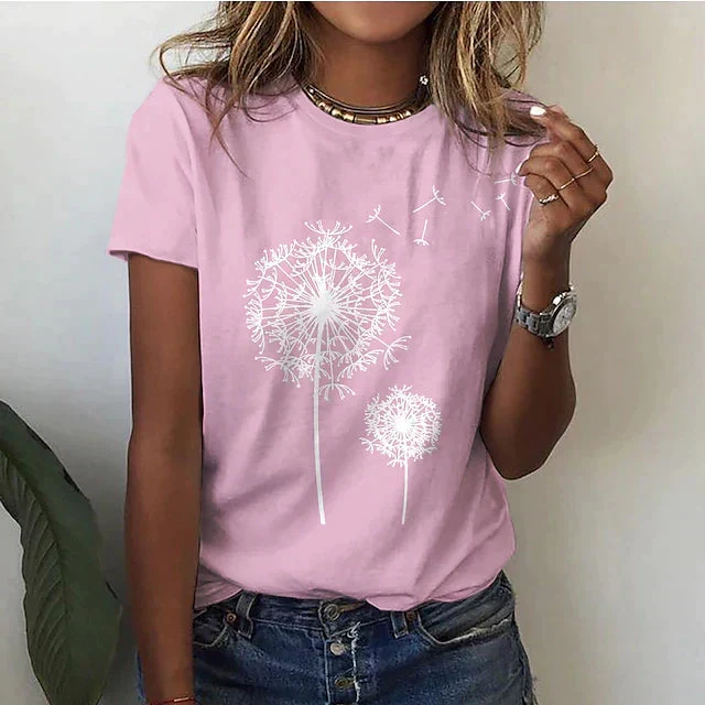 Kurzarm T Shirt Damen | Grafik-Print mit Pusteblumen-Motiv