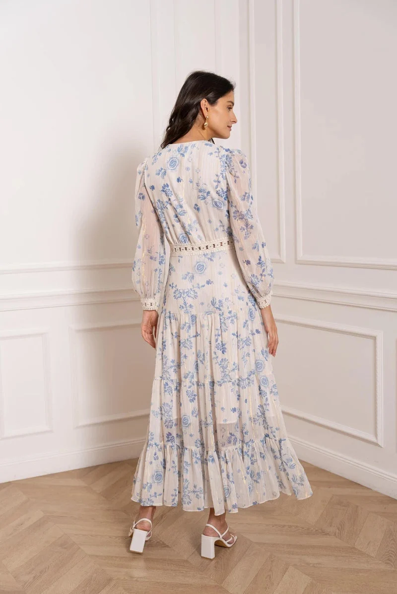 Maxikleid Damen | Florales Muster mit Spitzendetails & Rüschensaum