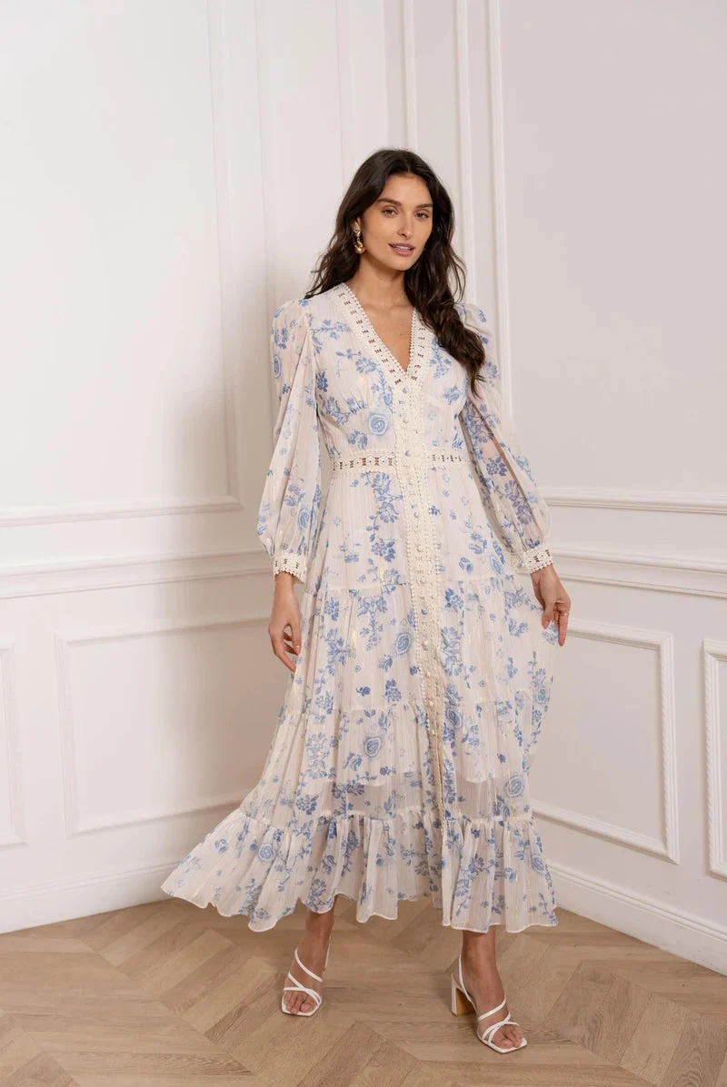 Maxikleid Damen | Florales Muster mit Spitzendetails & Rüschensaum