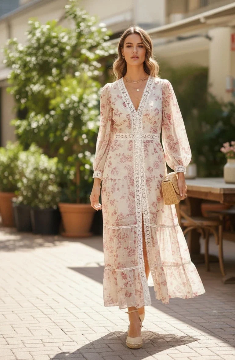 Maxikleid Damen | Florales Muster mit Spitzendetails & Rüschensaum