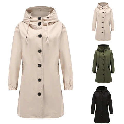 Übergangsjacke Damen | Lange Jacke Damen | Kapuze & Knopfleiste für flexiblen Schutz