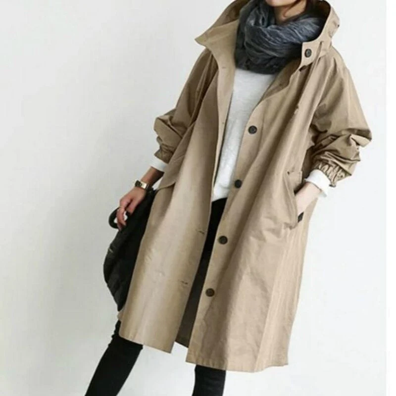 Übergangsjacke Damen | Lange Jacke Damen | Kapuze & Knopfleiste für flexiblen Schutz