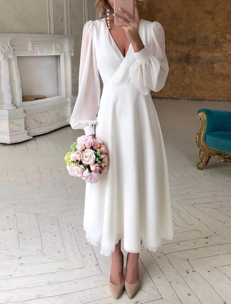 Midikleid Damen | Puffärmel & Wickeloptik