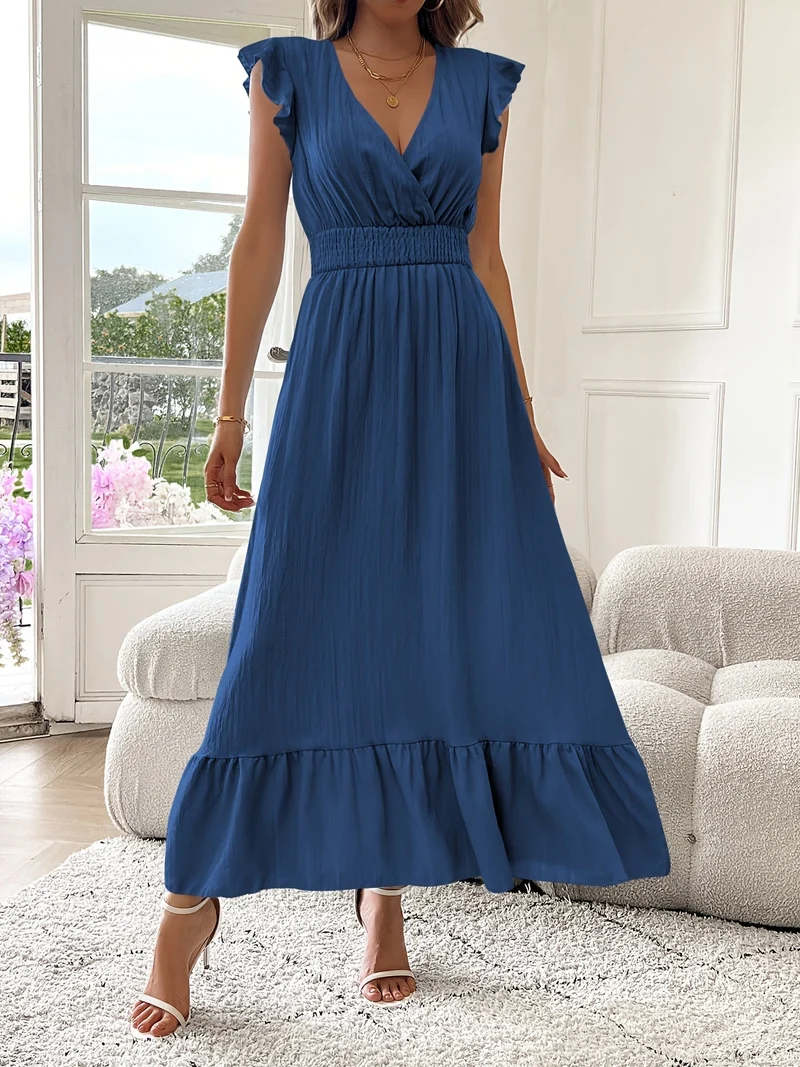 Alina | V-Ausschnitt Maxikleid Rüschen Saum Damen