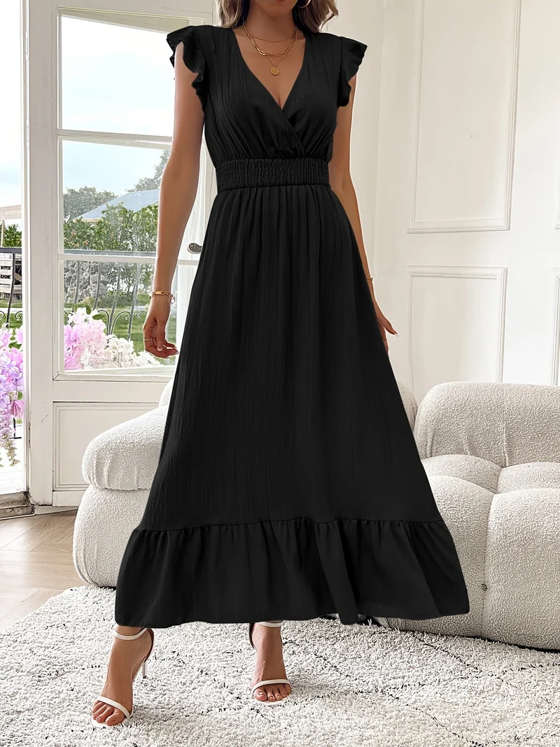 Alina | V-Ausschnitt Maxikleid Rüschen Saum Damen