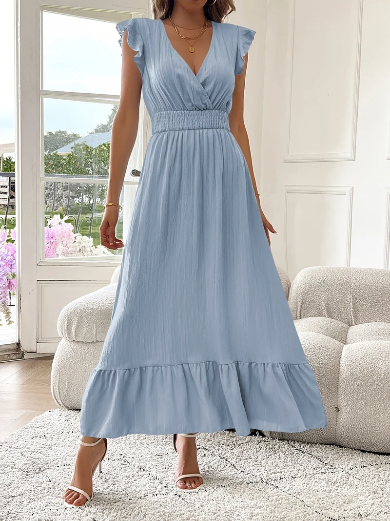 Alina | V-Ausschnitt Maxikleid Rüschen Saum Damen