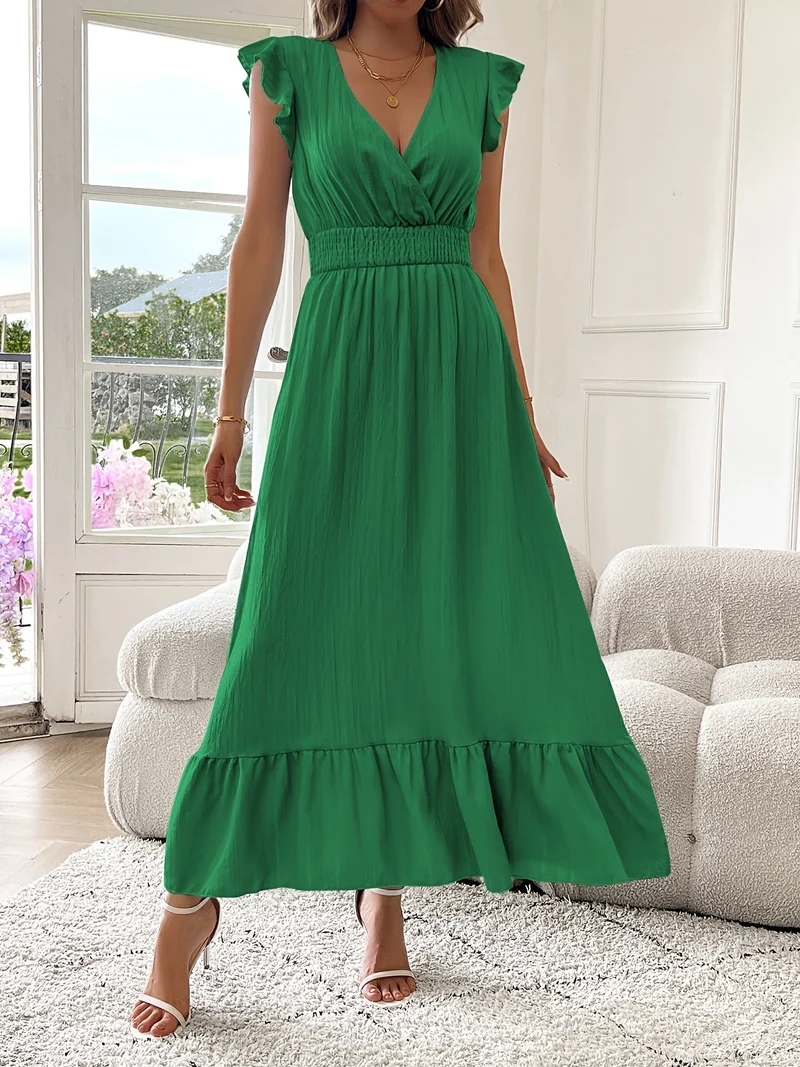 Alina | V-Ausschnitt Maxikleid Rüschen Saum Damen