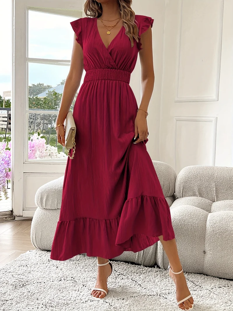 Alina | V-Ausschnitt Maxikleid Rüschen Saum Damen