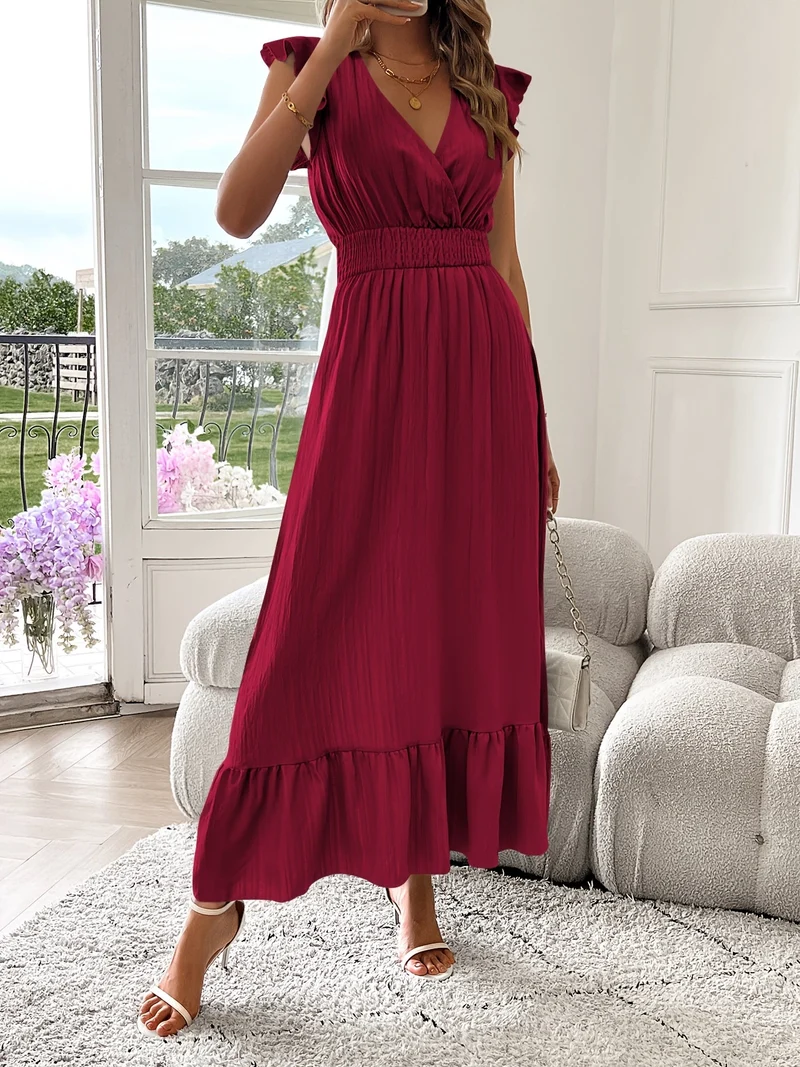 Alina | V-Ausschnitt Maxikleid Rüschen Saum Damen