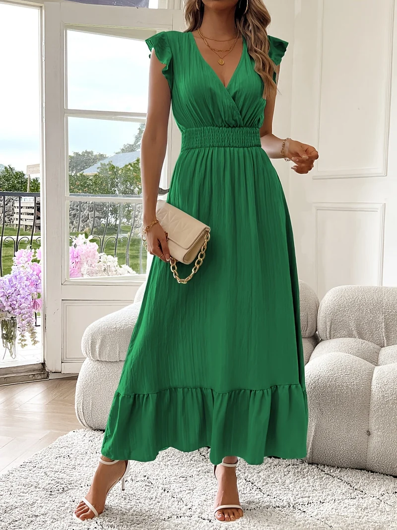 Alina | V-Ausschnitt Maxikleid Rüschen Saum Damen