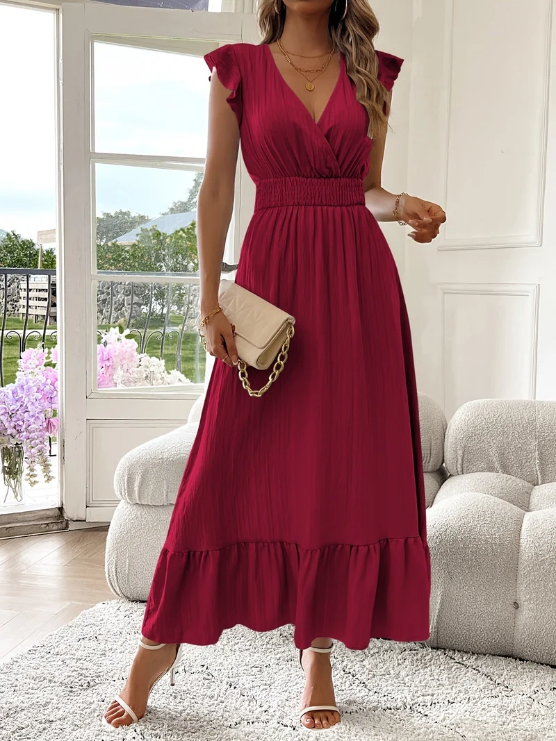 Alina | V-Ausschnitt Maxikleid Rüschen Saum Damen