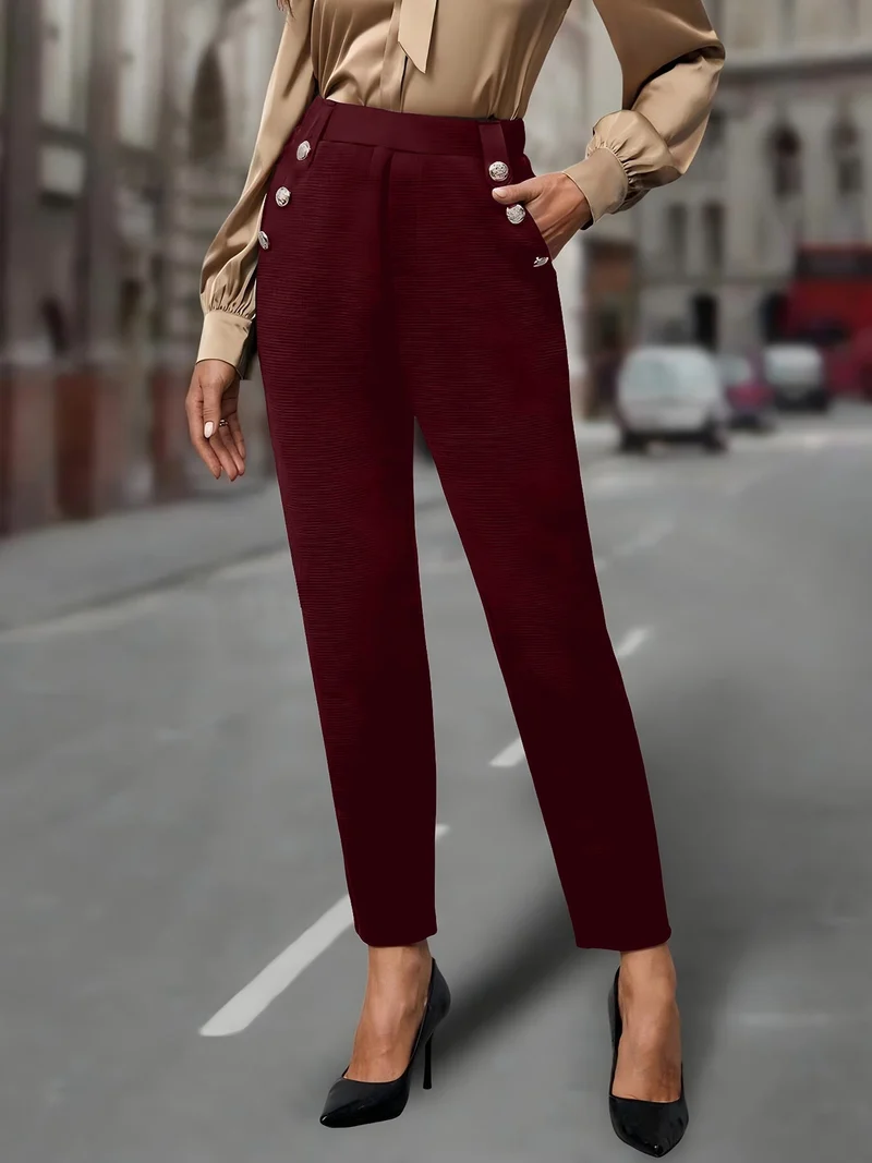 High Waist Hose Damen | Slim & Dekorative Knöpfe