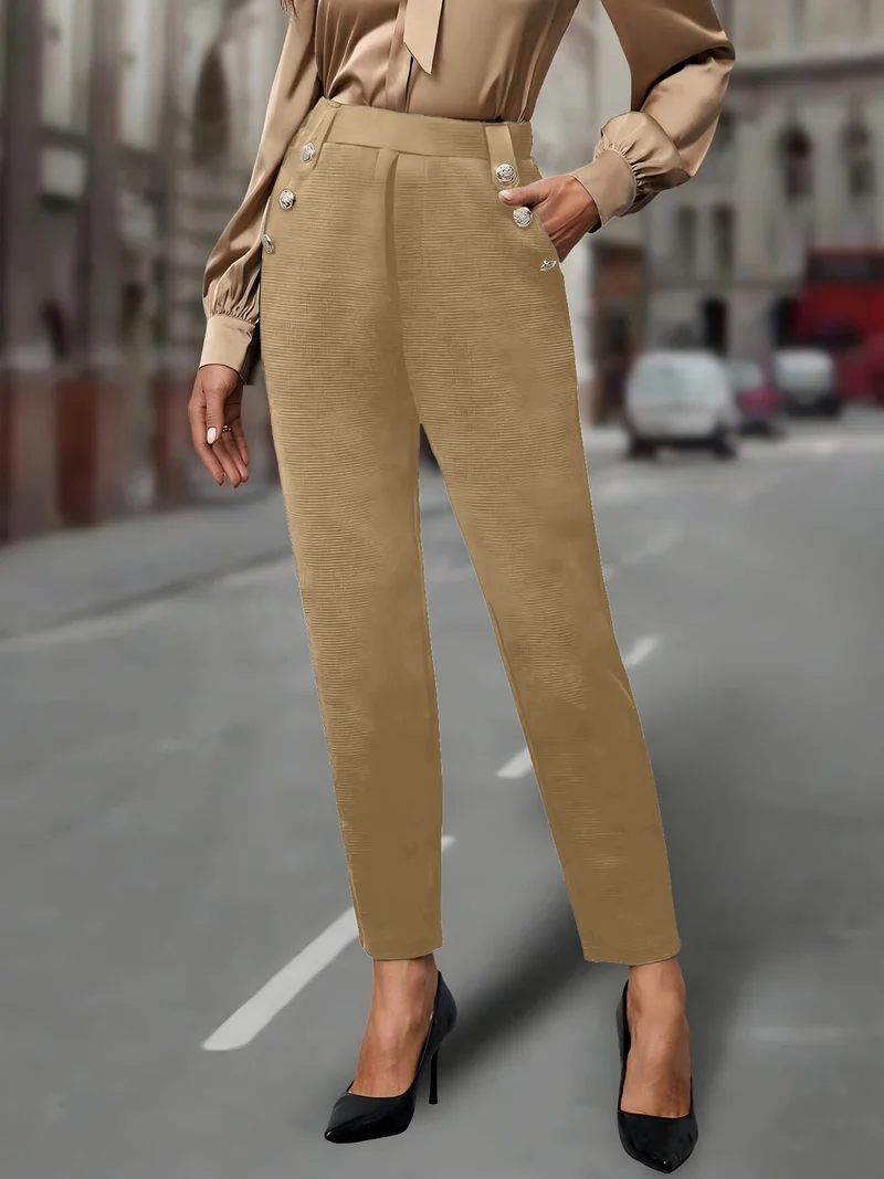 High Waist Hose Damen | Slim & Dekorative Knöpfe