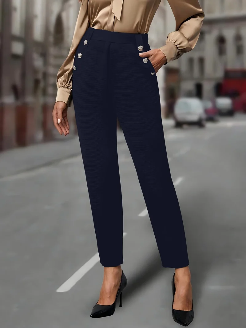 High Waist Hose Damen | Slim & Dekorative Knöpfe