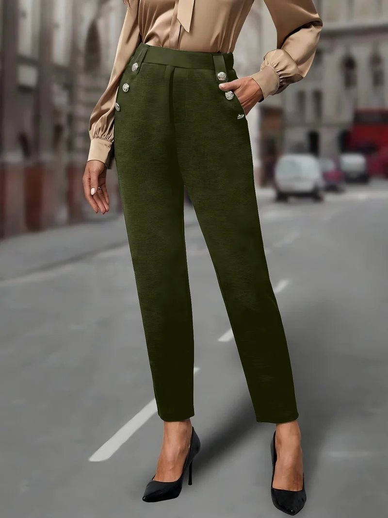 High Waist Hose Damen | Slim & Dekorative Knöpfe