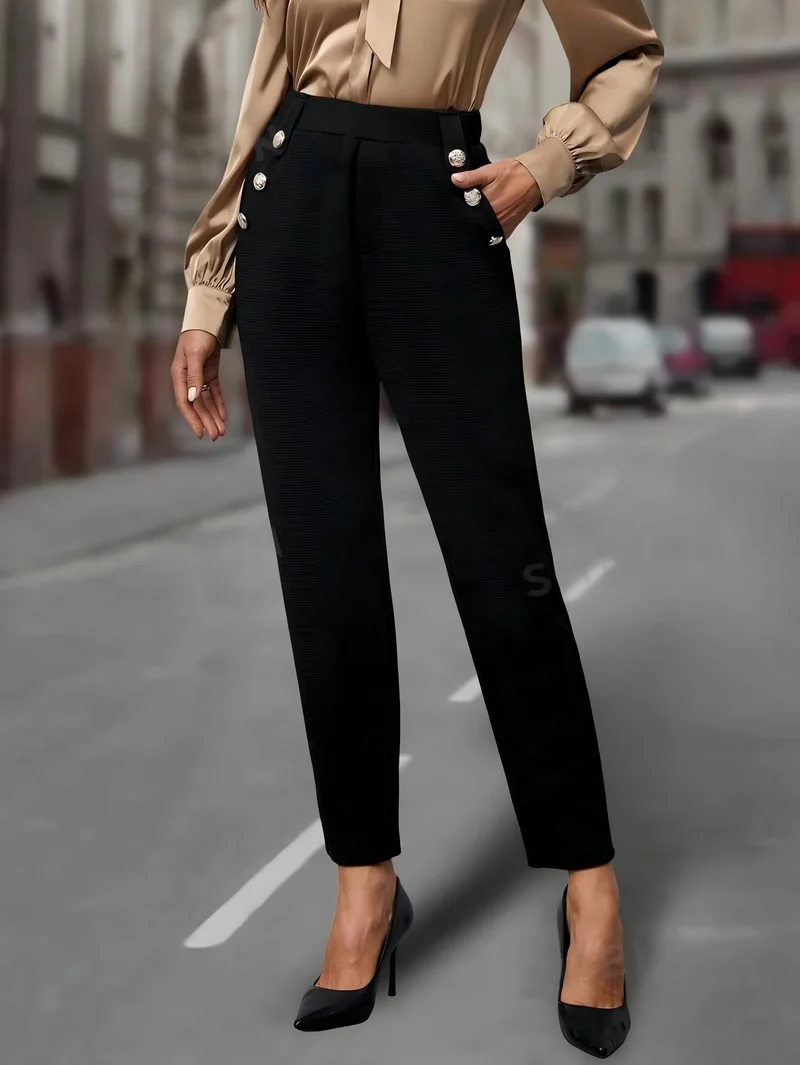 High Waist Hose Damen | Slim & Dekorative Knöpfe