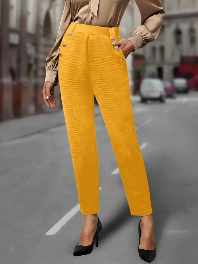 High Waist Hose Damen | Slim & Dekorative Knöpfe