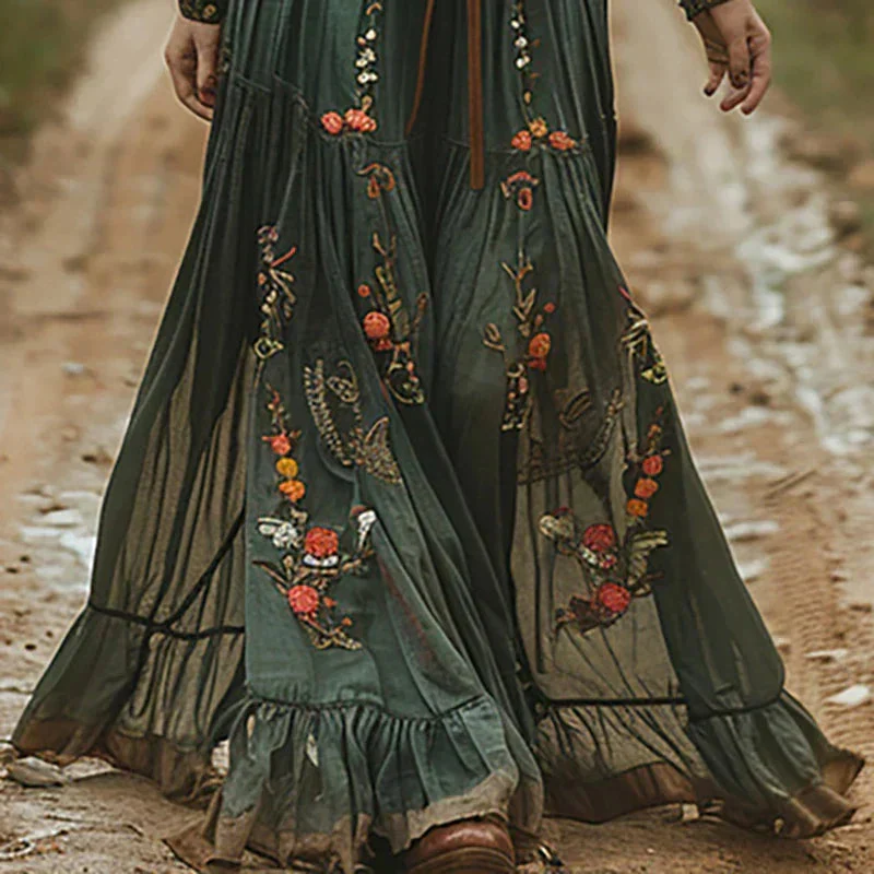 V Ausschnitt Kleid Damen | Blumenstickerei & Romantischer Boho-Maxi-Stil