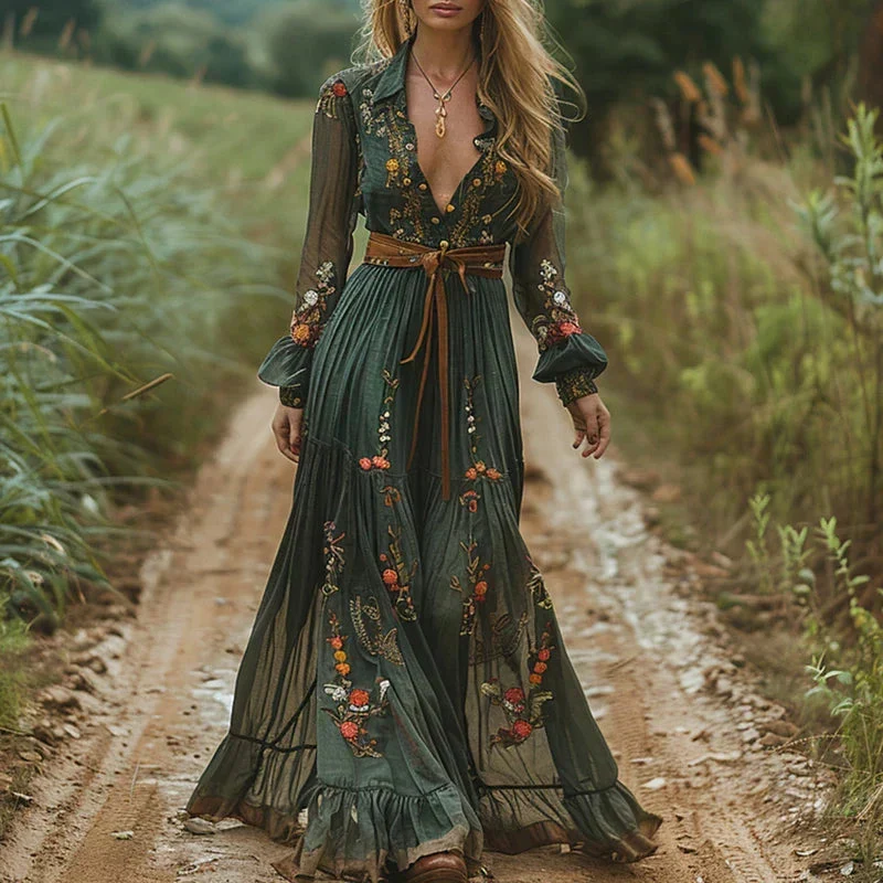 V Ausschnitt Kleid Damen | Blumenstickerei & Romantischer Boho-Maxi-Stil
