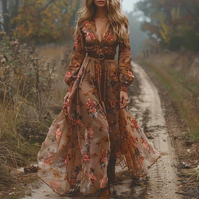 V Ausschnitt Kleid Damen | Blumenstickerei & Romantischer Boho-Maxi-Stil
