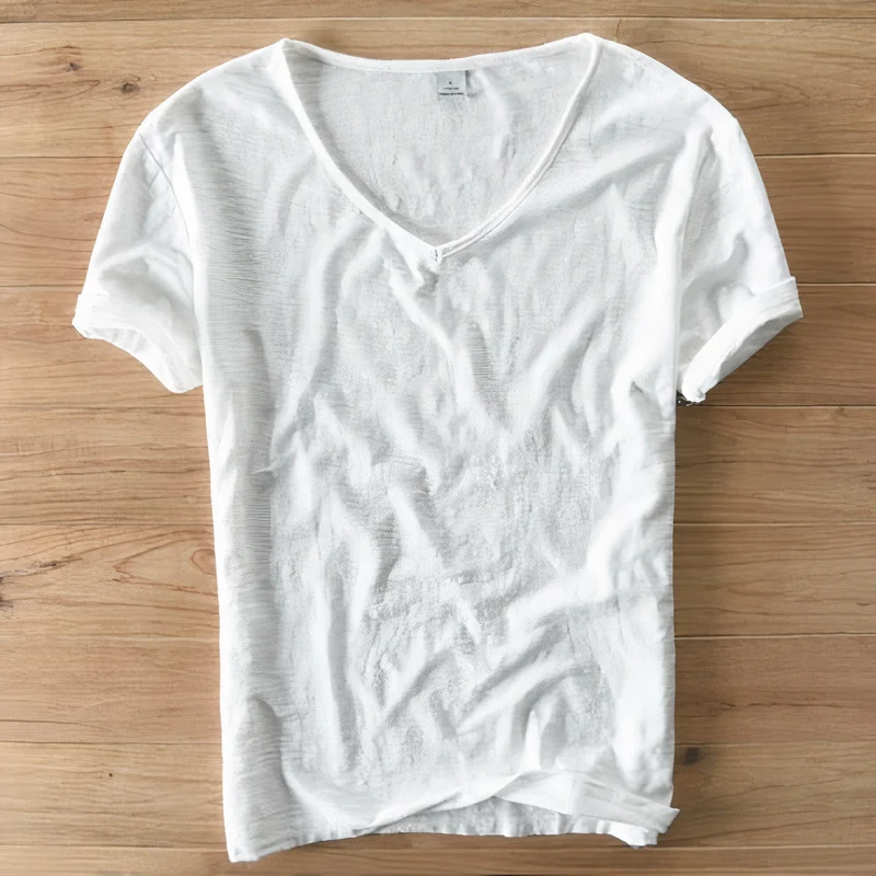 T-Shirt Herren | V-Ausschnitt Leinen-Look Basic Slim Fit Kurzarm