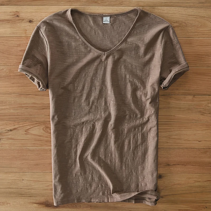 T-Shirt Herren | V-Ausschnitt Leinen-Look Basic Slim Fit Kurzarm