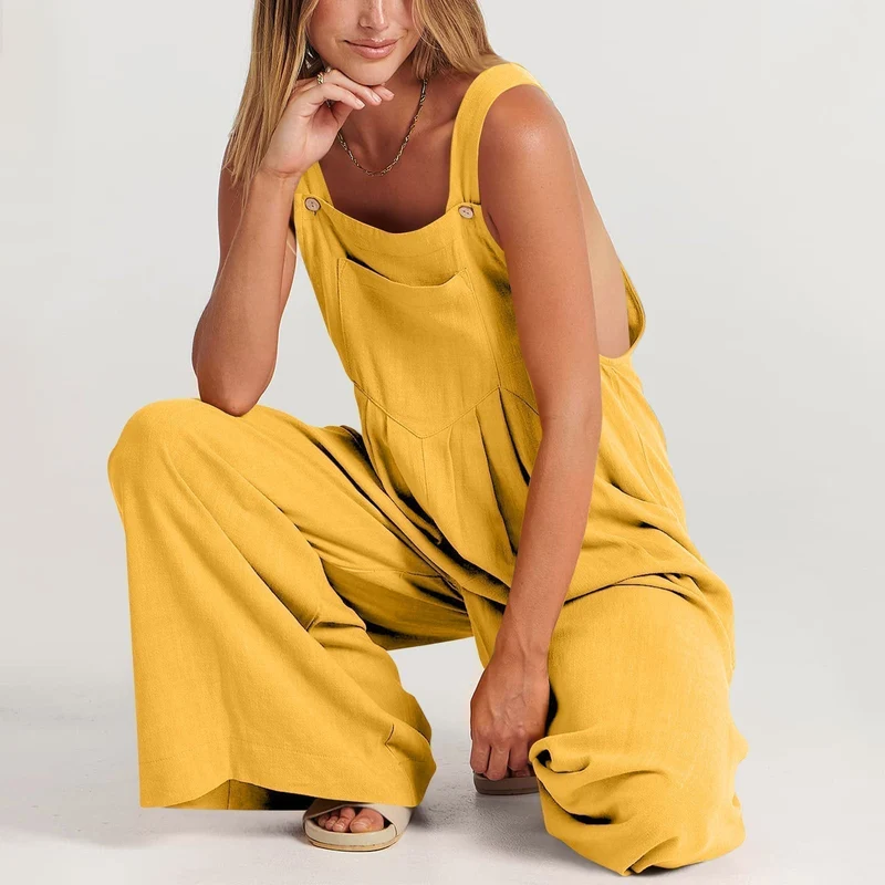 Jumpsuit Damen | Lässiger Latzhosen-Stil & Weites Bein mit Goldknöpfen