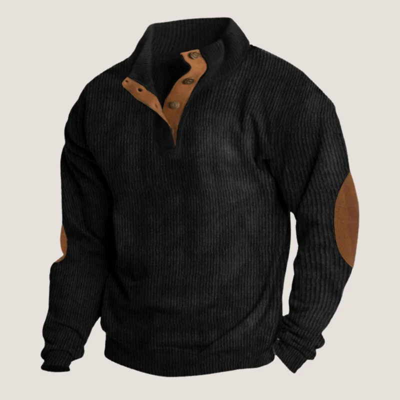 Pullover Herren | Stehkragen Pullover | Variable Kragenöffnung & Ellbogen-Patches