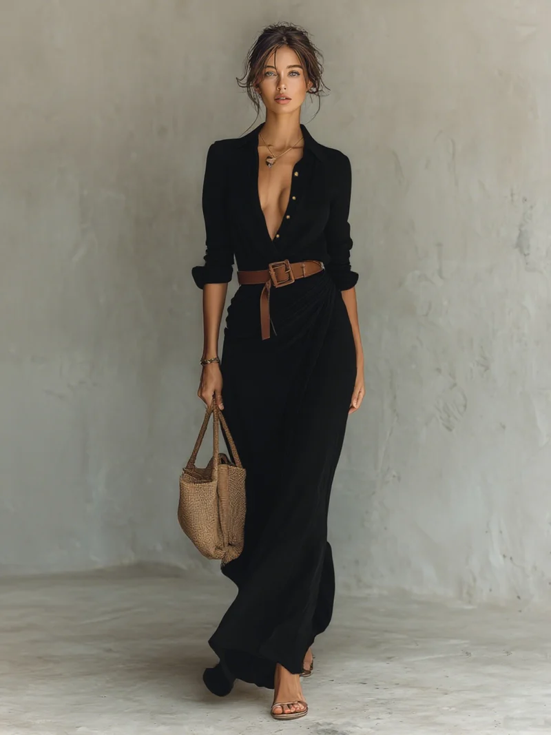 Maxikleid Damen | Elegantes Hemdblusen-Design & Fließende Maxi-Silhouette