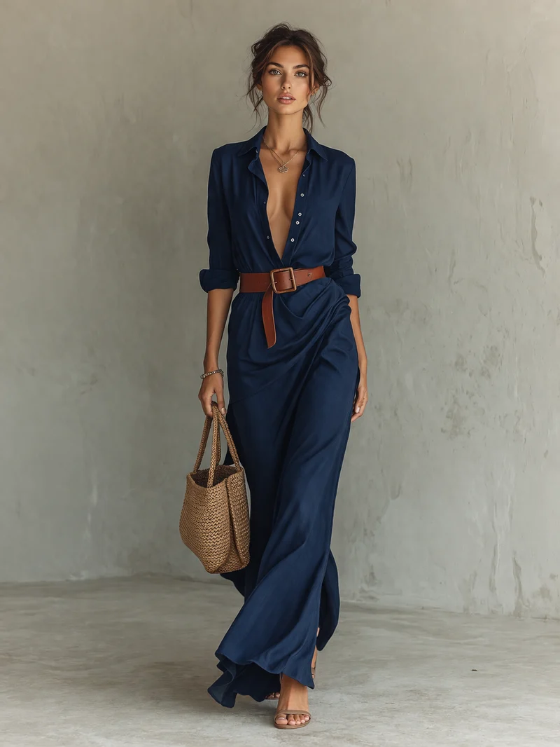 Maxikleid Damen | Elegantes Hemdblusen-Design & Fließende Maxi-Silhouette