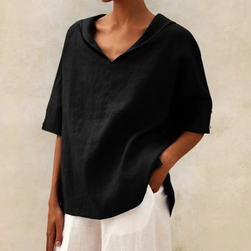 Top Damen | Lässiges Oversized-Kurzarm mit V-Ausschnitt & Umlegekragen