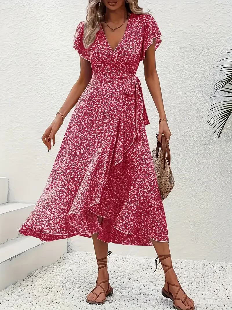 Hannah | V-Ausschnitt Wickel Kleid Rüschen
