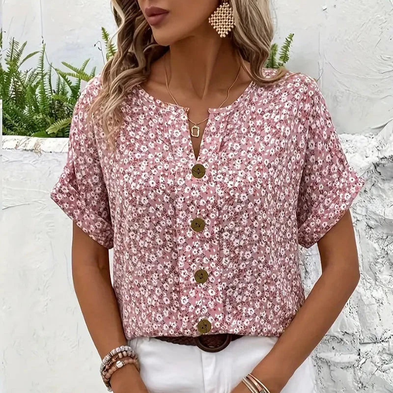 Amira | Luftige Bluse mit Blumenmuster & Holzknopf-Details