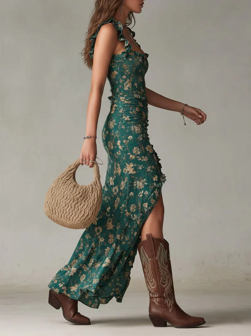 Zara | Retro-Boho-Maxikleid mit fließenden Ärmeln und seitlichem Schlitz