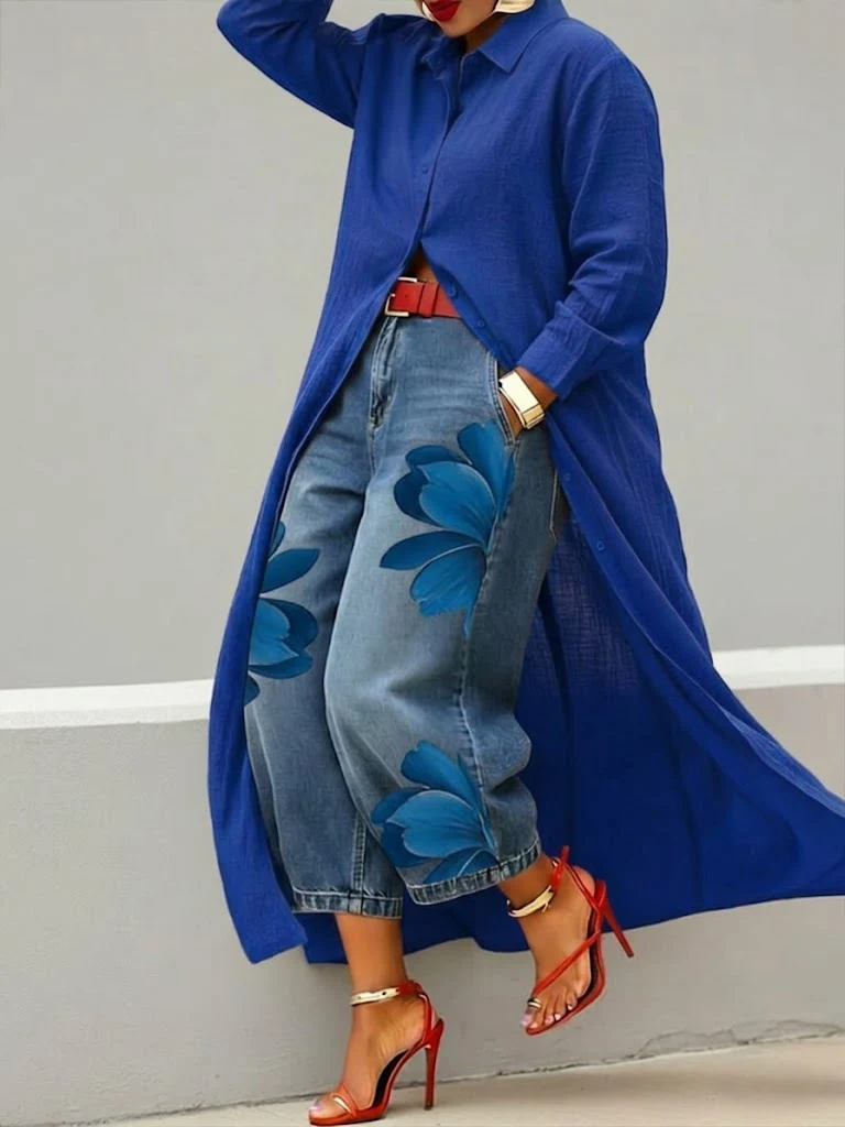 Daniella | Leinenkleid & Blumenmuster-Denim-Set