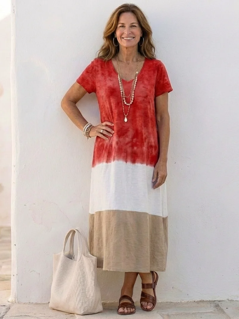 Thalia | Kurzärmliges Farbblock Maxikleid