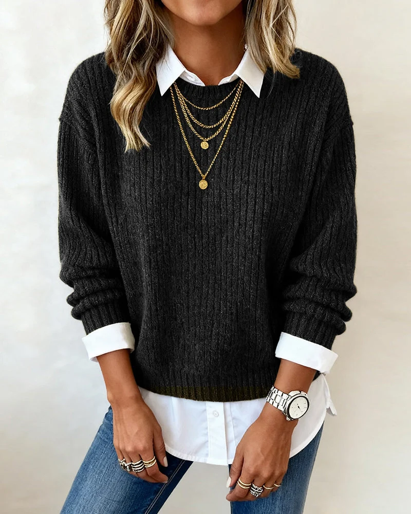 Emma | Damen Pullover modern mit Kragen & Patchwork-Design