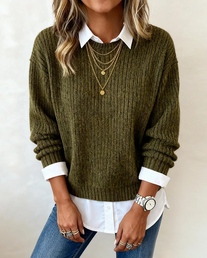Emma | Damen Pullover modern mit Kragen & Patchwork-Design