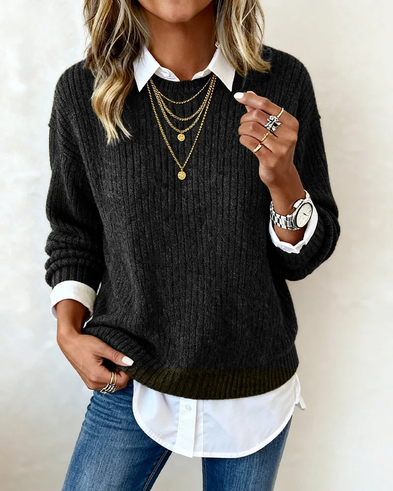 Emma | Damen Pullover modern mit Kragen & Patchwork-Design