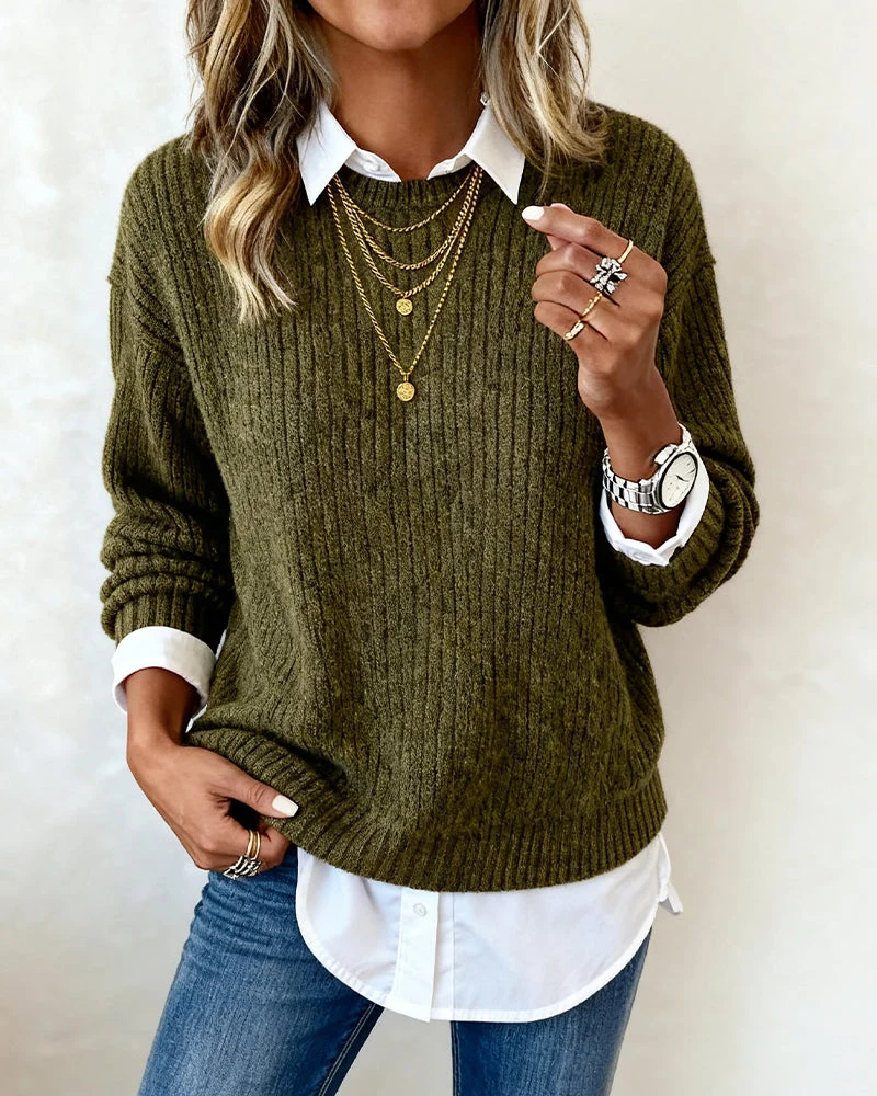 Emma | Damen Pullover modern mit Kragen & Patchwork-Design